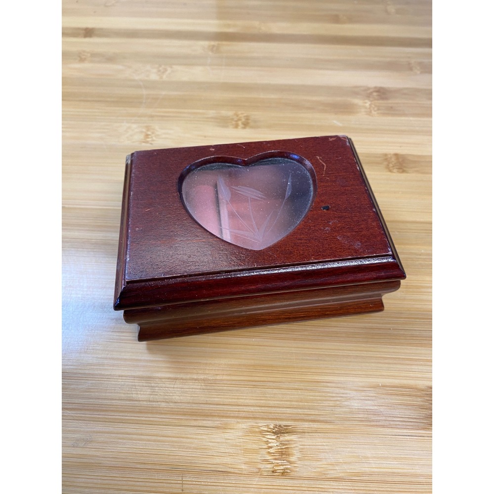 Unbranded Jewelry Box Women Small Brown Heart Etched Glass Wood Trinket Case